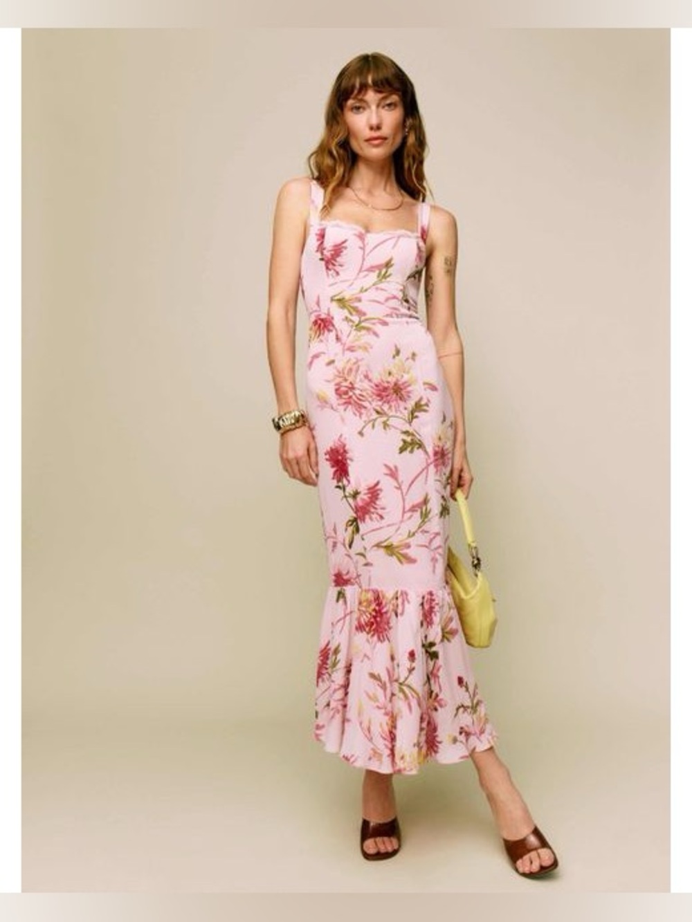 new Reformation Irisa lace trim maxi mermaid dress in Chrysanthemum pink floral - Picture 3 of 8